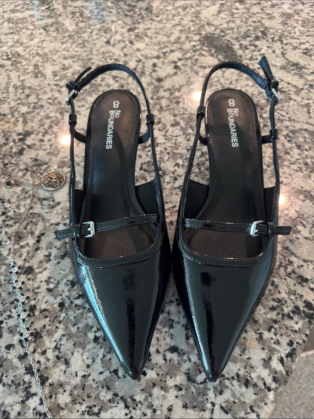 No Boundaries Black Patent Pointed Slingback Flats with Mary Jane Strap